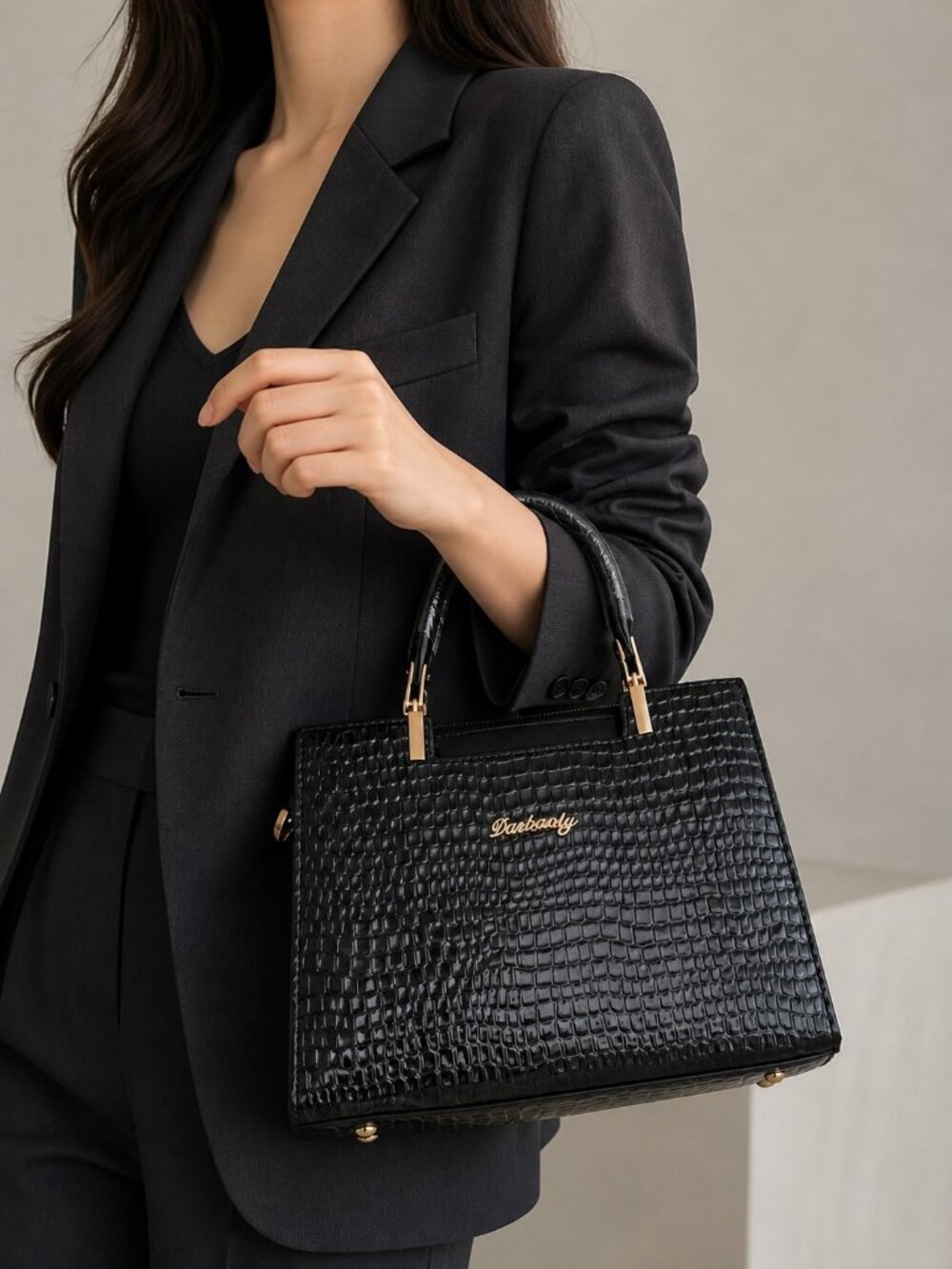 NWOT Embossed Croc PU Leather Navy Satchel Removable Crossbody Strap